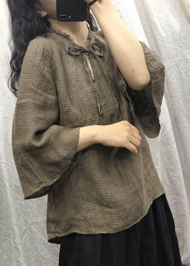 Natural Red Ruffled Plaid Flare Sleeve Blouse Tops