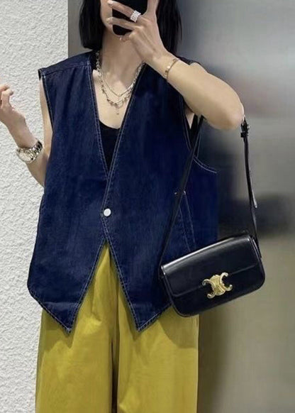 Navy Patchwork Button Denim Waistcoat Sleeveless