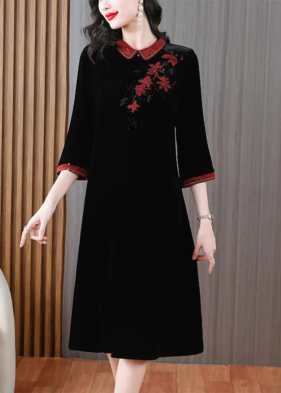 Green Peter Pan Collar Embroideried Silk Velour Long Dress Long Sleeve