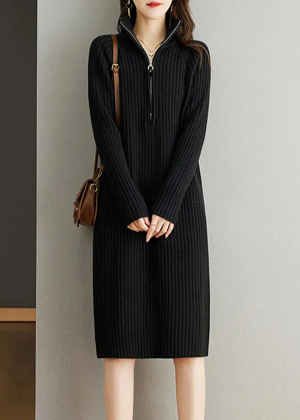 Black Zippered Patchwork Woolen Knit Dress Fall