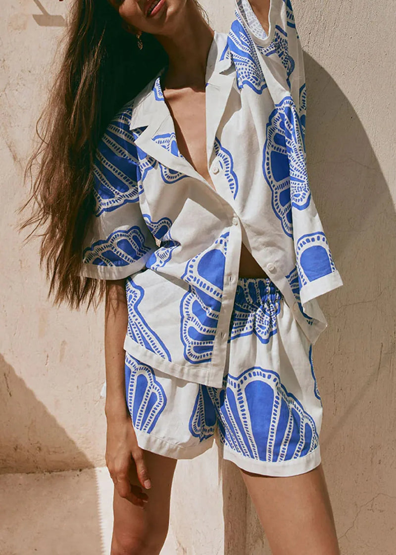 Loose Blue Print Tops and Shorts Two-piece Set Summer
