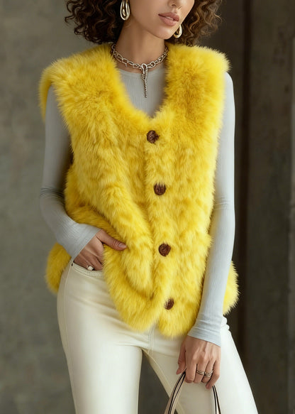 Yellow Button Faux Fur Vest Tops Sleeveless