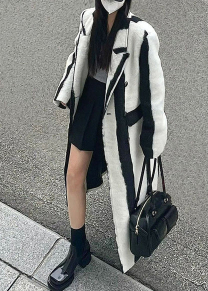 Black White Striped Notched Button Woolen Maxi Coats Winter