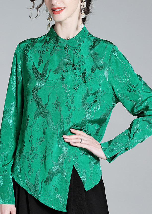 Green Stand Collar Button Jacquard Silk Shirt Spring