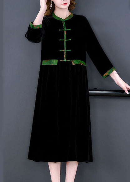 Black Stand Collar Patchwork Oriental Button Silk Velour Dress Bracelet Sleeve