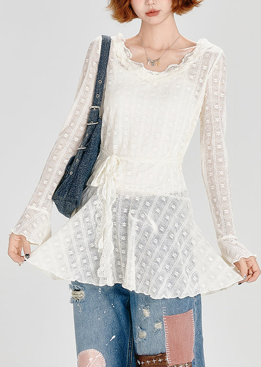 White O Neck Lace Up Lace Top Spring