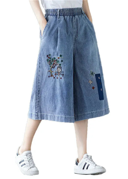 Denim Blue Elastic Waist Embroideried Cotton Wide Leg Pants Summer