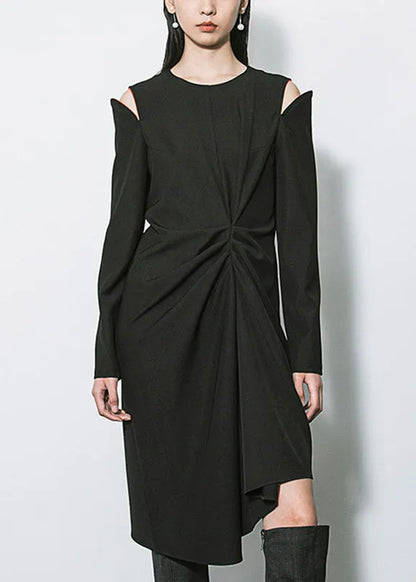 Black O-neck Asymmetrical Patchwork Long Dresses Long Sleeve