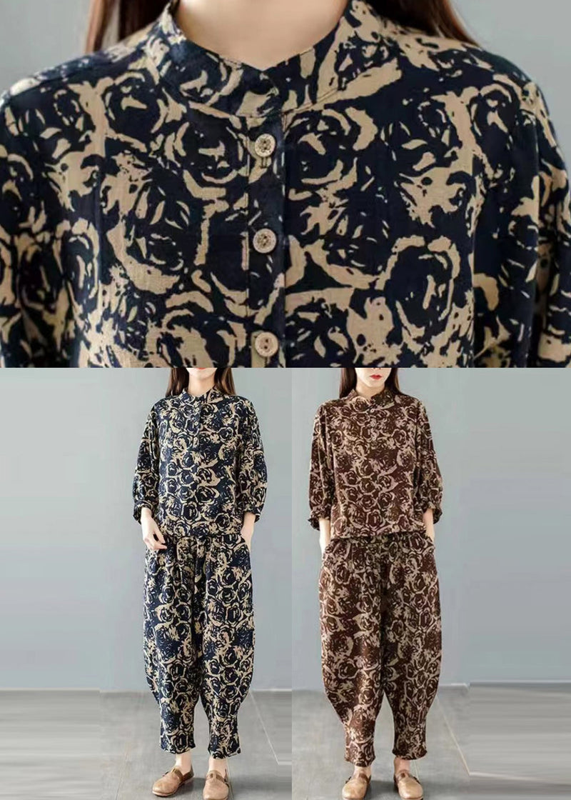 Handmade Blue Print Top and Harem Pants Two Pieces Set Spring
