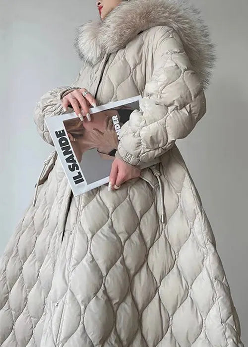 Loose Beige Hooded Drawstring Duck Down Coats Winter