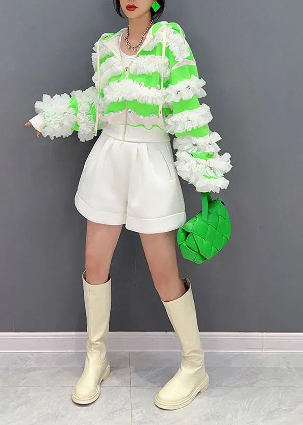 Green Ruffled Zippered Cotton Hoodie Coat Spring