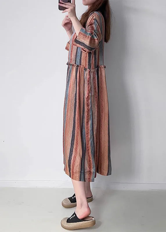 Orange Striped Patchwork Silk Cotto Long Dresses Long Sleeve