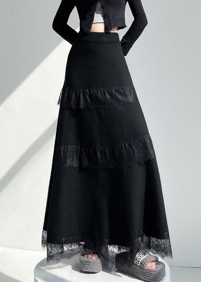 New Black Original Design Lace Patchwork Knit a Line Skirts