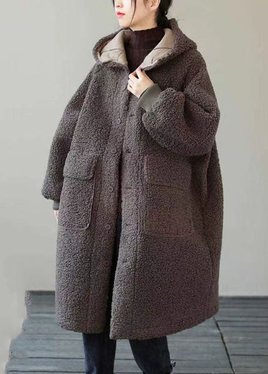 Coffee Button Pockets Warm Faux Fur Hooded Coat Long Sleeve Winter