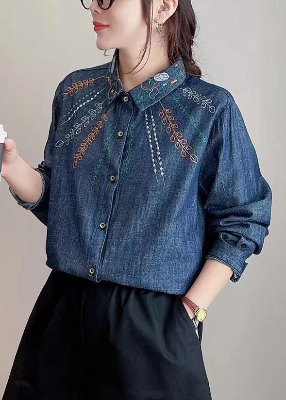 Denim Blue Peter Pan Collar Embroidered Button Shirt Long Sleeve