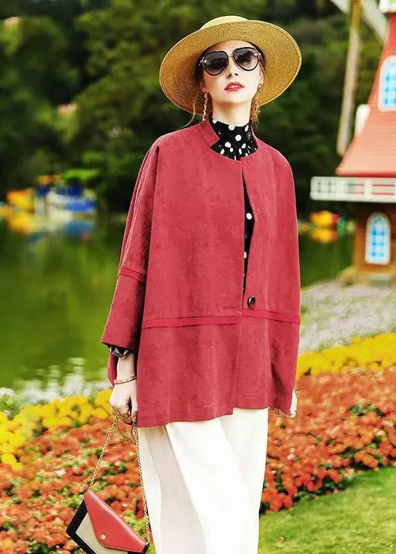 Red Batwing Sleeve Patchwork Cotton Cardigan Coat Fall