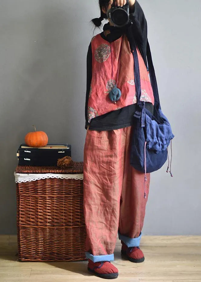 Red Linen Wide Leg Pants Trousers