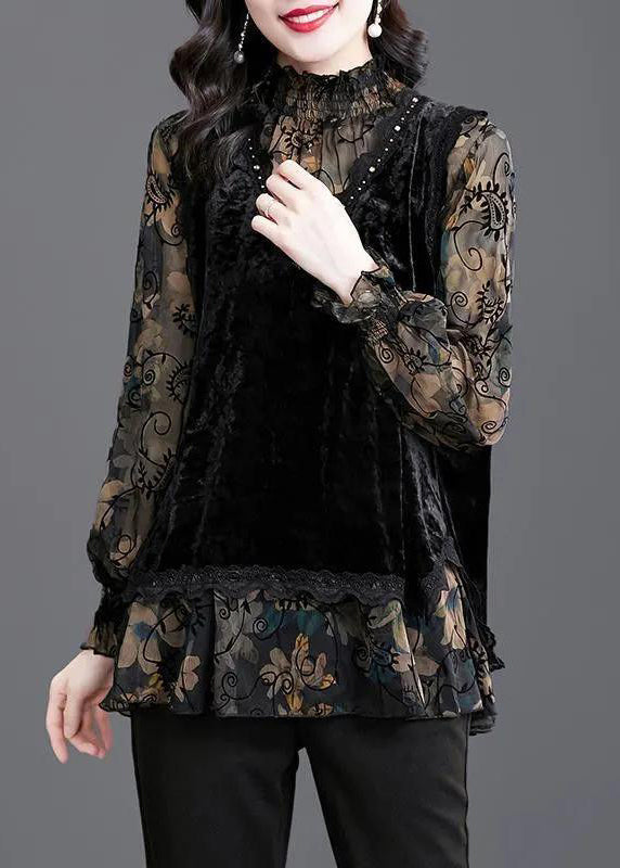 Black Ruffled Print Patchwork Silk Velour Tops Fall