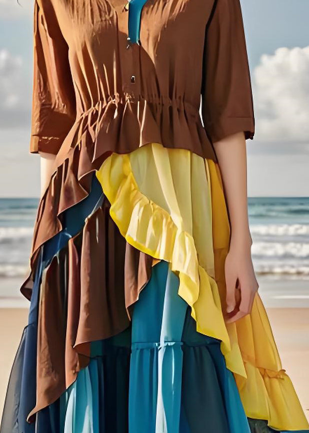 Colorblock Ruffled Chiffon Patchwork Cotton Dress Summer