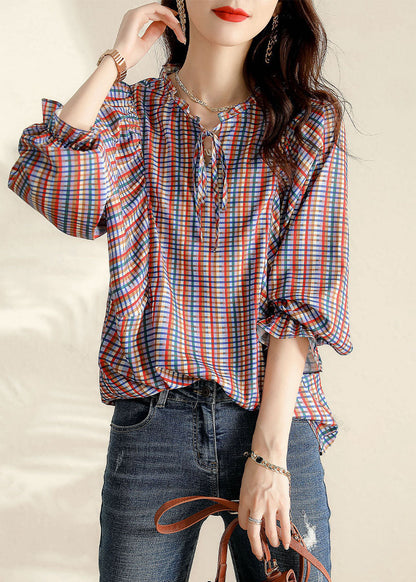 Ruffled Plaid Blouse Tops Spring