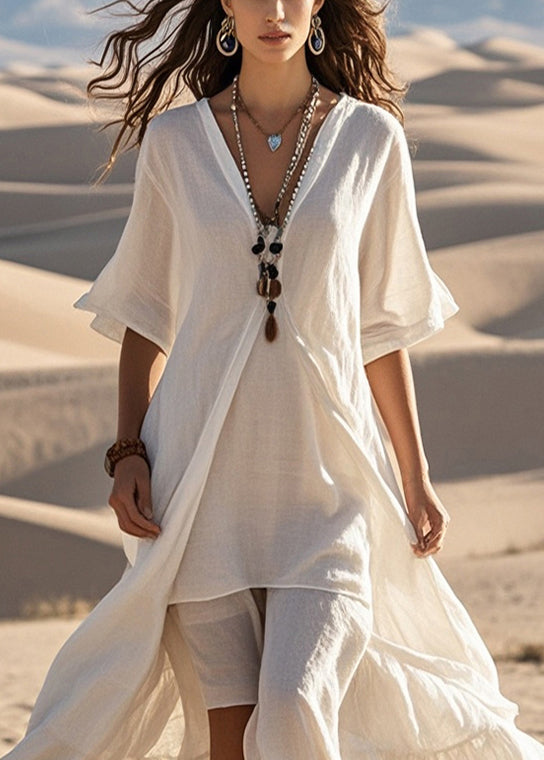 White Asymmetrical Exra Large Hem Cotton Dress Summer