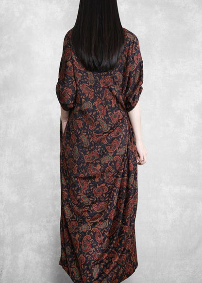 Italian Black Print Dresses V Neck Asymmetric Maxi Spring Dress