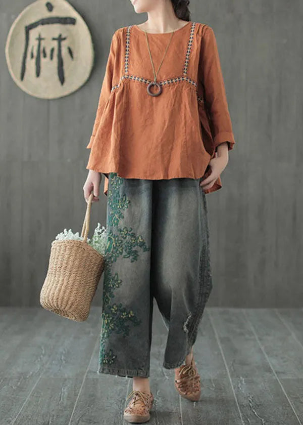 Blue Embroideried Cotton Ripped Jeans Pants Fall