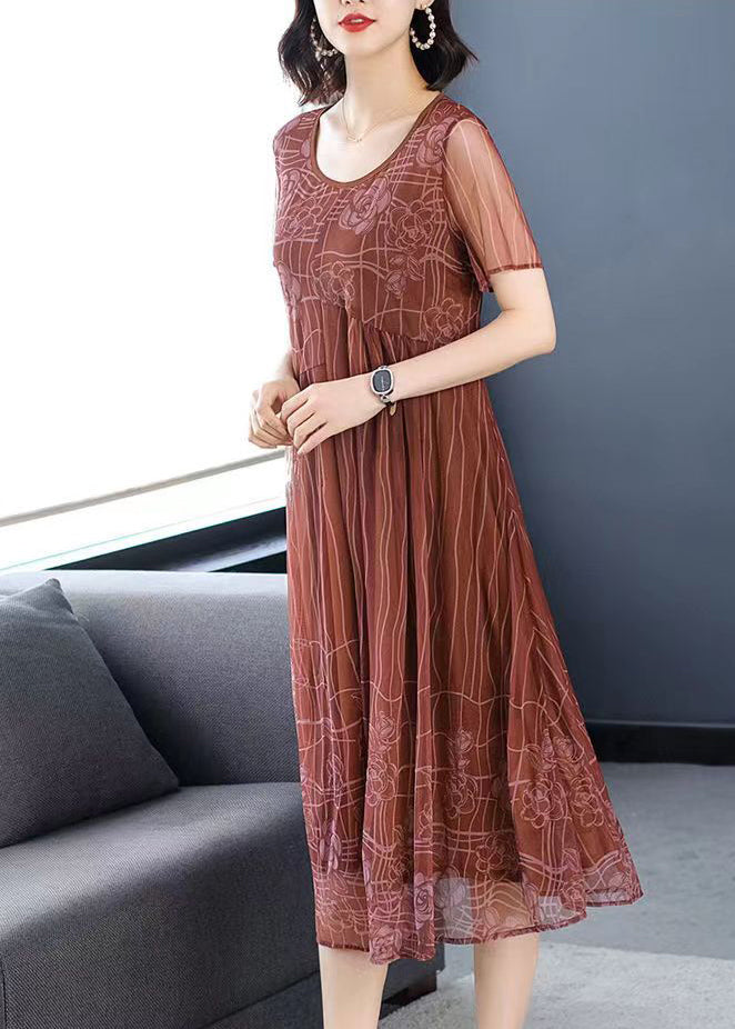 Light Brown O-neck Wrinkled Patchwork Chiffon Dress Half Sleeve