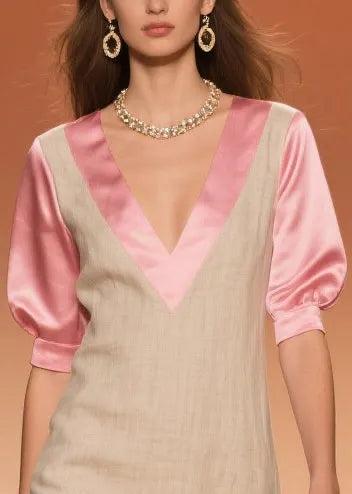 Beige Ruffled Patchwork Linen Silk Fake Two Piece Dress Summer