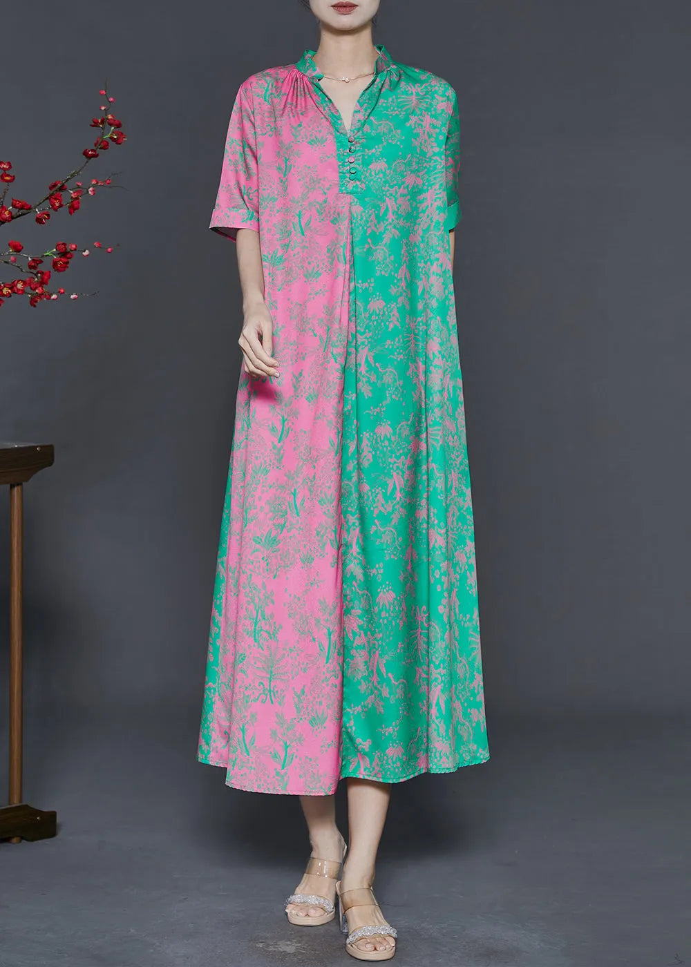 Colorblock V Neck Patchwork Print Silk Party Dress Summer
