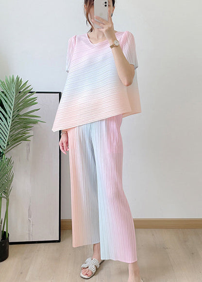 Blue Striped Gradient Color Silk Top and Pants Two Pieces Set Summer