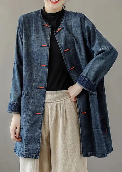 French Blue O-neck Pockets Patchwork Denim Coats Long Sleeve
