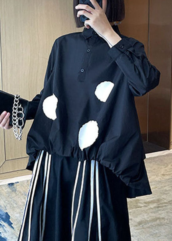 Modern Black Low High Design Peter Pan Collar Dot Patchwork Shirt Tops Spring