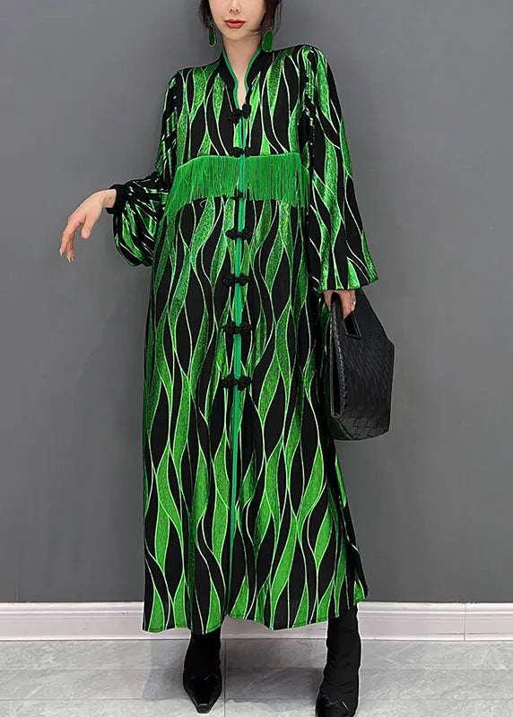 Green V Neck Patchwork Tassel Button Velour Maxi Dresses Fall