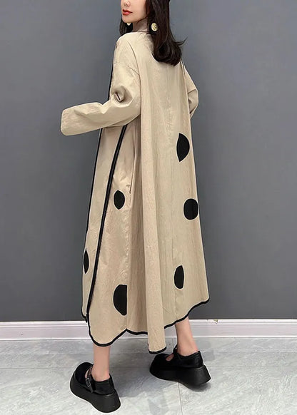 Khaki Peter Pan Collar Patchwork Dot Print Cotton Vacation Dresses Fall