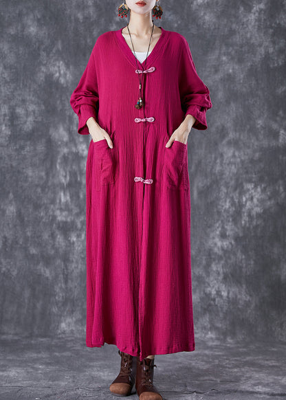 Rose Chinese Button Wrinkled Linen Long Cardigan Fall