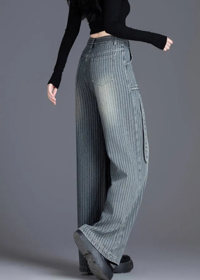 French Blue Pockets Jacquard Patchwork Denim Straight Spring
