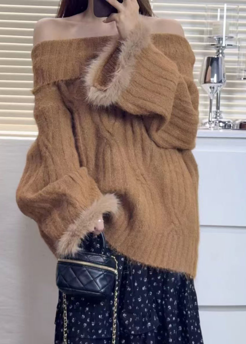 Brown Cold Shoulder Patchwork Faux Fur Knitted Tops Winter