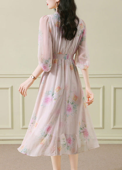 Vogue Apricot V Neck Print Zircon Long Dress Puff Sleeve