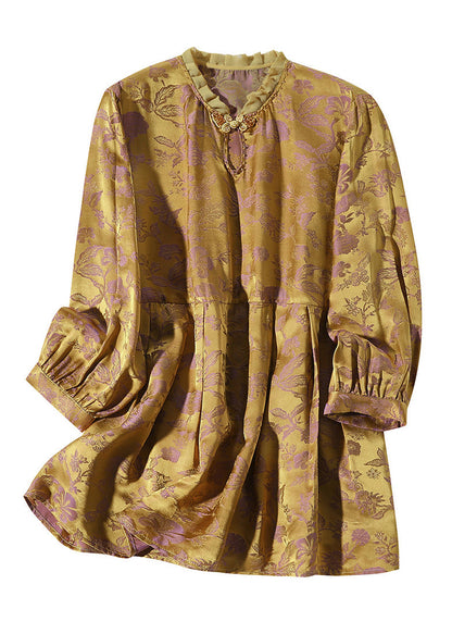 Gold Stand Collar Print Button Silk Tops Long Sleeve