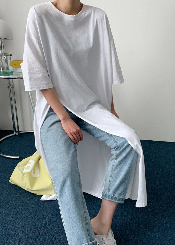 White O-neck Cotton Long T Shirt Half Sleeve