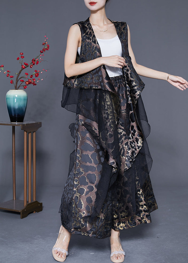 Black Patchwork Silk Two-piece Set Oversized Leopard Print Summer
