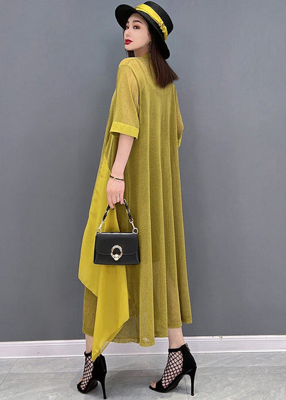 Yellow Asymmetrical Design Patchwork Loose Long Cardigans Summer