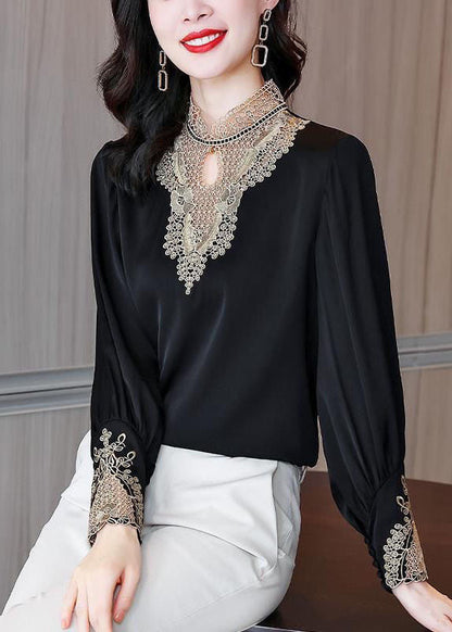 Black Stand Collar Embroideried Patchwork Chiffon Blouse Top Long Sleeve