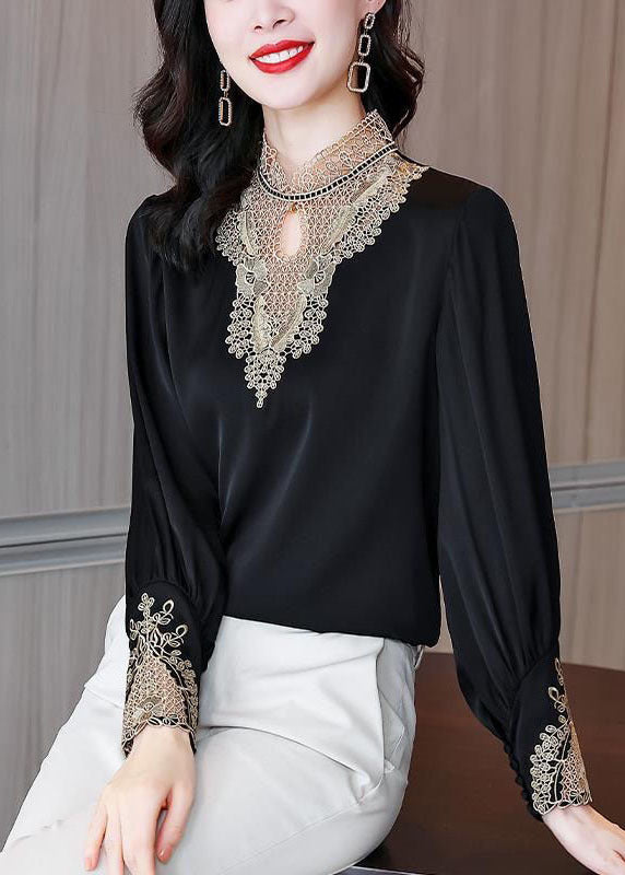 Black Stand Collar Embroideried Patchwork Chiffon Blouse Top Long Sleeve