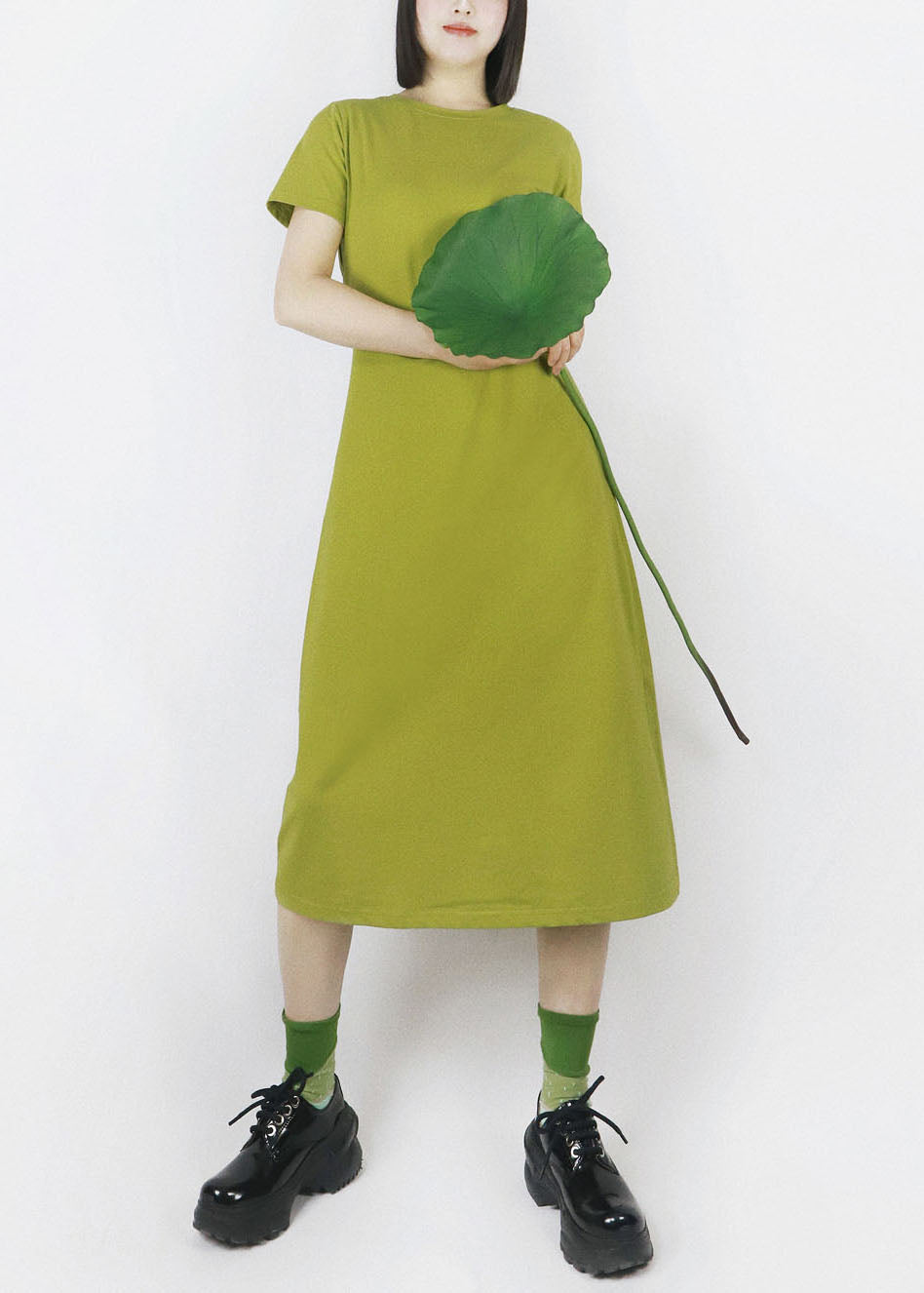 French Green O-neck Oversized Color Cotton Maxi Dress Half Sleeve