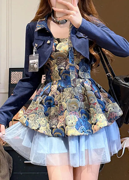 Unique Blue Print Tulle Patchwork Coats and Mid Dress Two Piece Set Fall