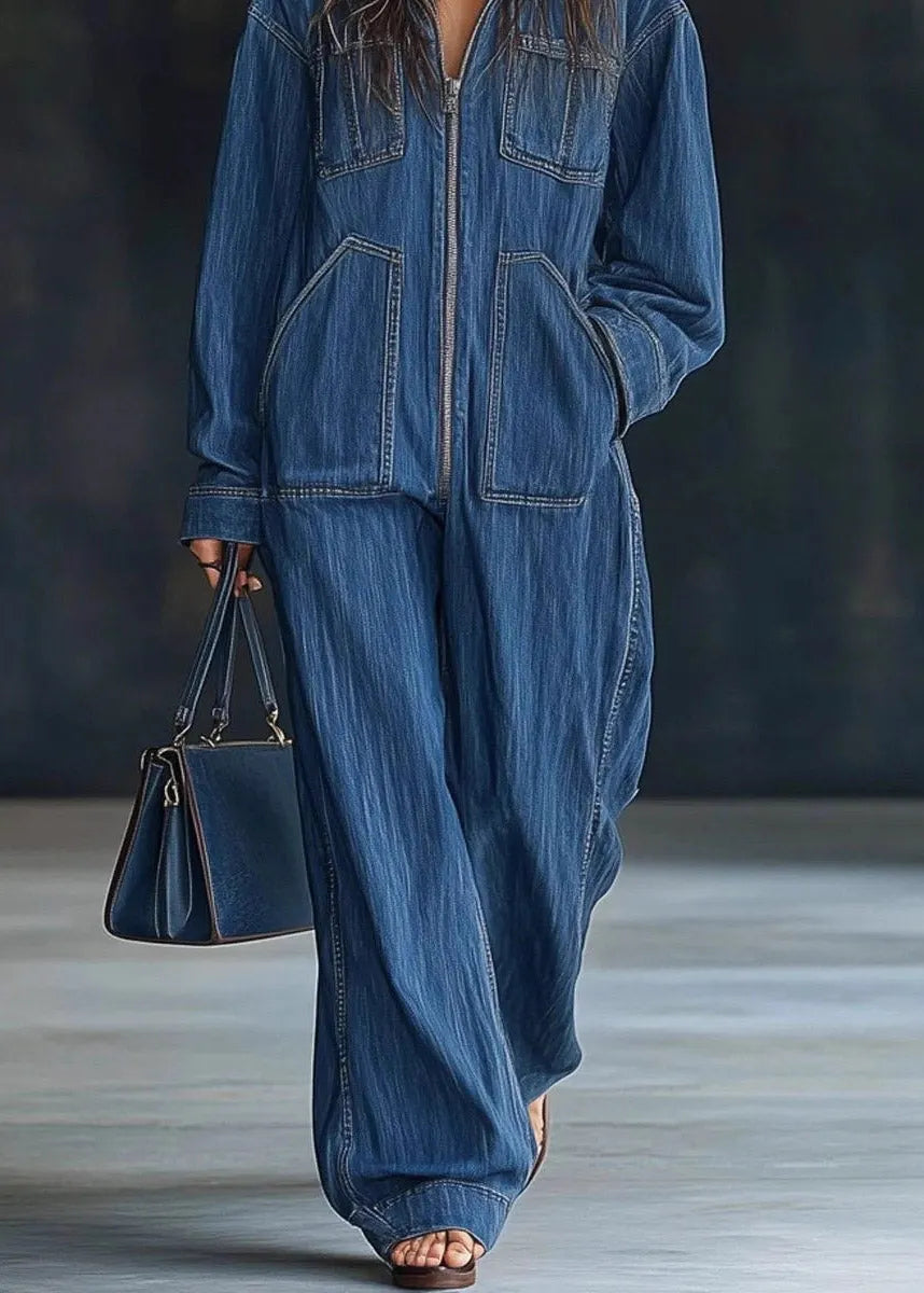 Handmade Blue Zippered Patchwork Denim Hooded Jumpsuit Spring