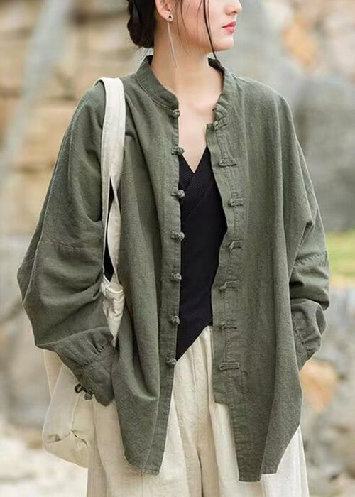 Loose Green Button Cotton Coats Long Sleeve