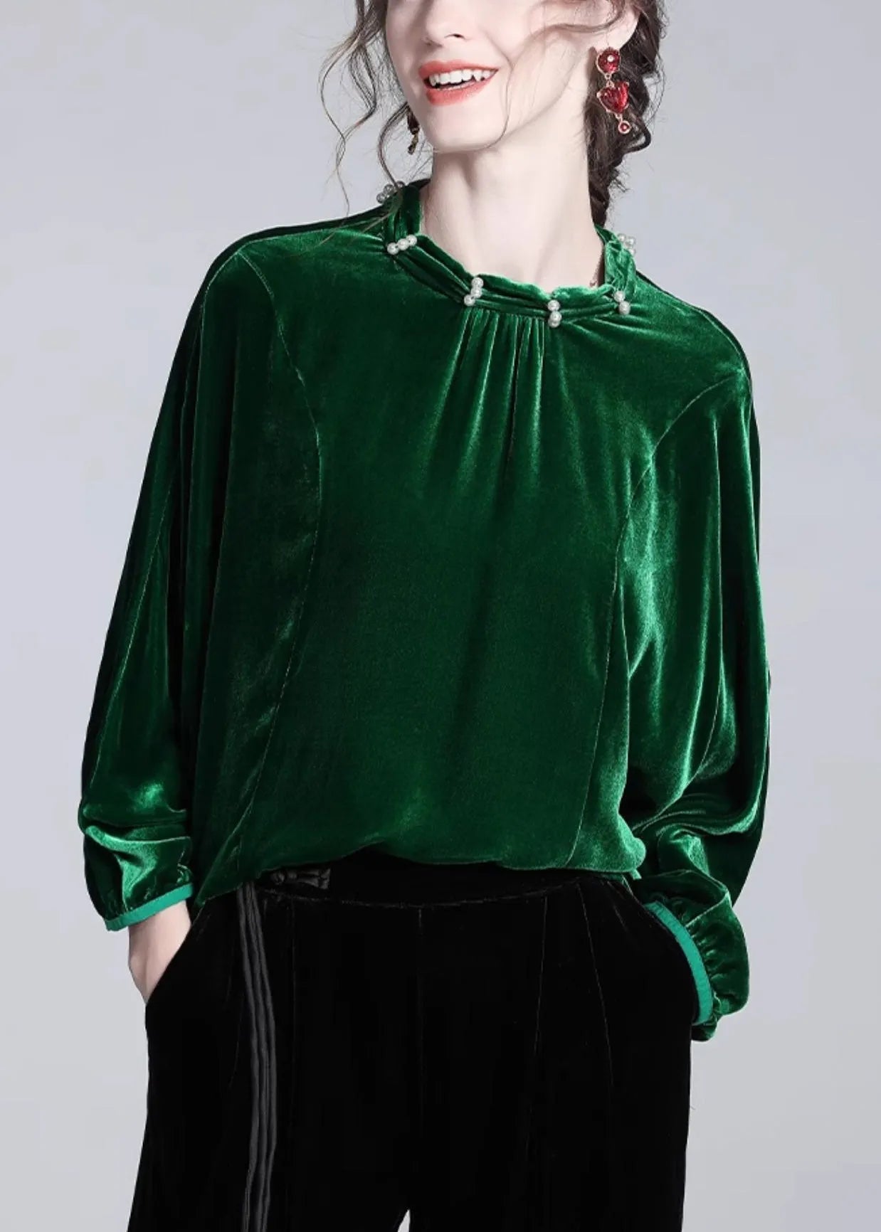 Loose Green Nail Bead Silk Velour Blouse Batwing Sleeve